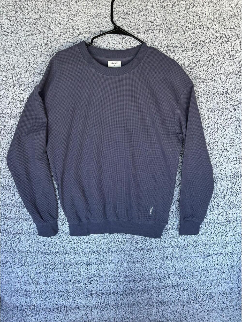 Comfrt Waffle Knit Sweatshirt Dark Gray/Blue Crewneck Oversized Pullover S - Picture 1 of 5